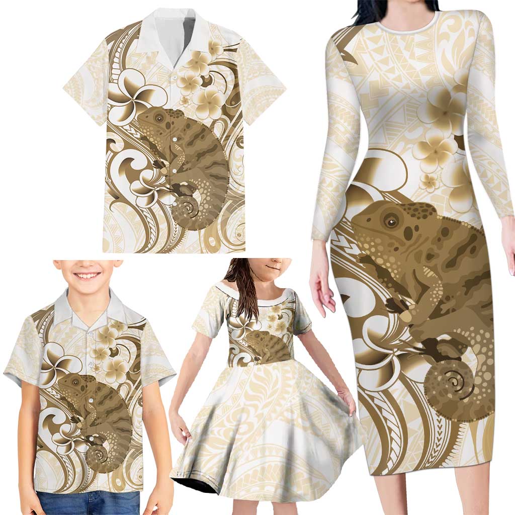 Brown And White Hawaii Chameleon Family Matching Long Sleeve Bodycon Dress and Hawaiian Shirt Plumeria Polynesian Tribal Art LT14 - Polynesian Pride