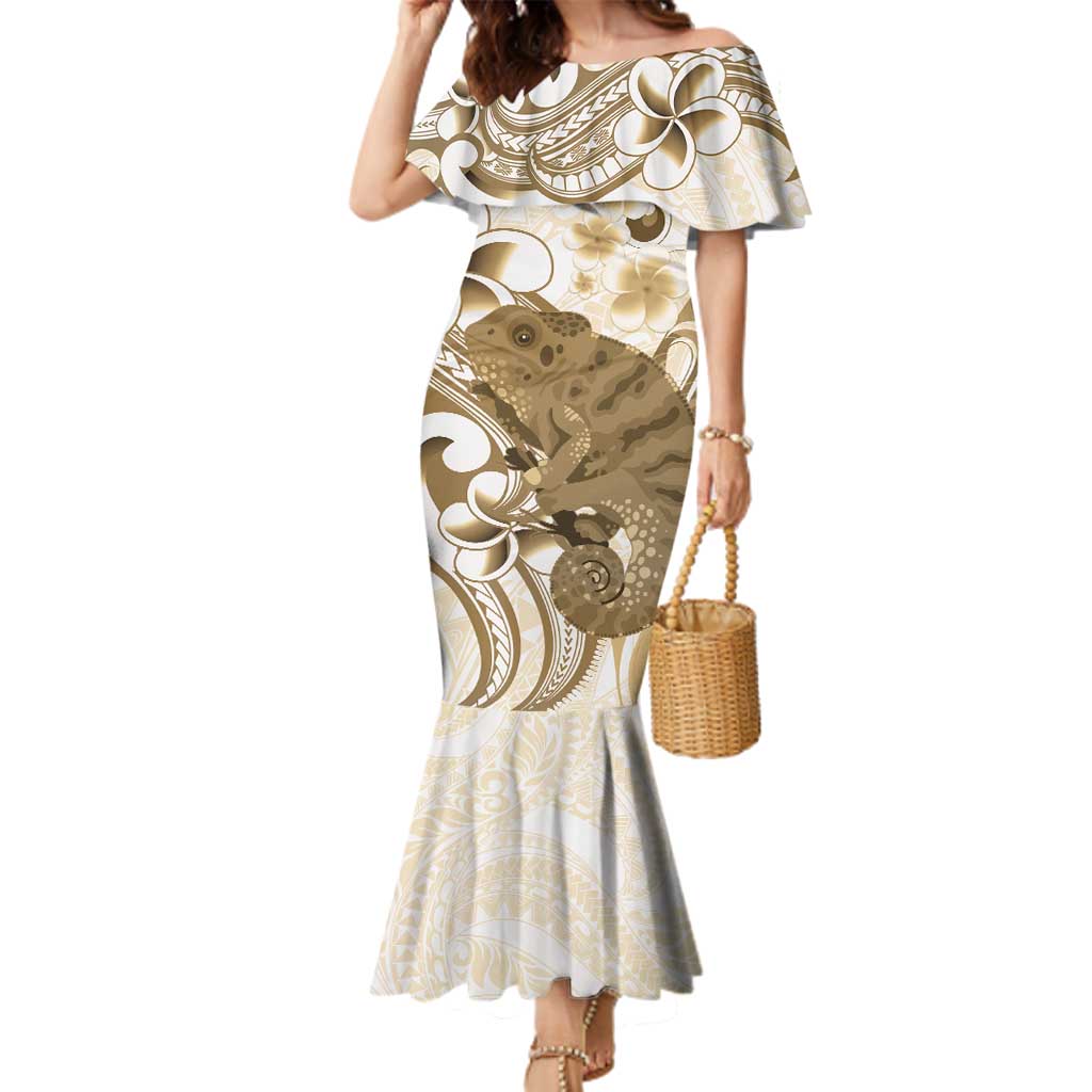 Brown And White Hawaii Chameleon Family Matching Mermaid Dress and Hawaiian Shirt Plumeria Polynesian Tribal Art LT14 Mom's Dress Brown - Polynesian Pride