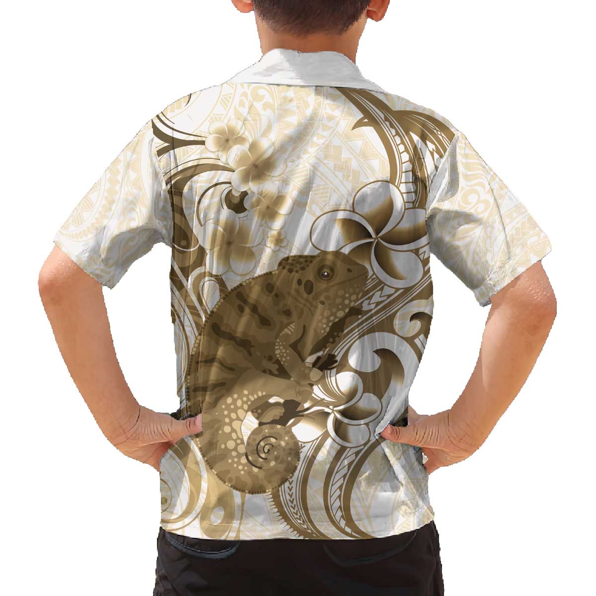 Brown And White Hawaii Chameleon Family Matching Off The Shoulder Long Sleeve Dress and Hawaiian Shirt Plumeria Polynesian Tribal Art LT14 - Polynesian Pride