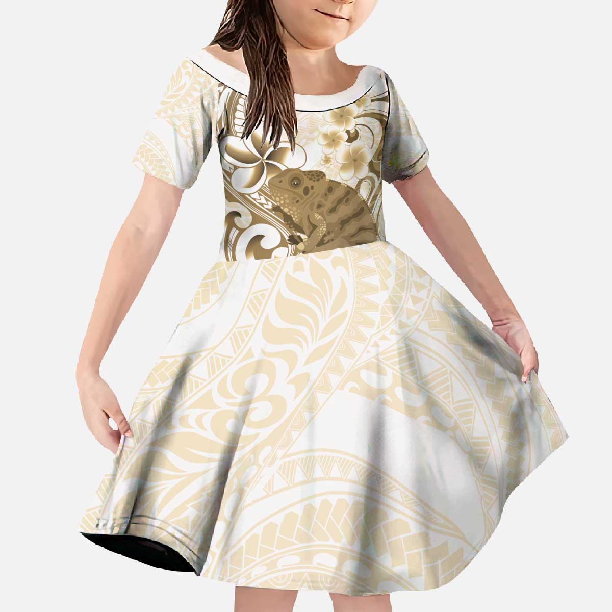 Brown And White Hawaii Chameleon Family Matching Off The Shoulder Long Sleeve Dress and Hawaiian Shirt Plumeria Polynesian Tribal Art LT14 Daughter's Dress Brown - Polynesian Pride