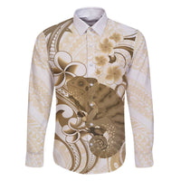 Brown And White Hawaii Chameleon Family Matching Off The Shoulder Long Sleeve Dress and Hawaiian Shirt Plumeria Polynesian Tribal Art LT14 Dad's Shirt - Long Sleeve Brown - Polynesian Pride