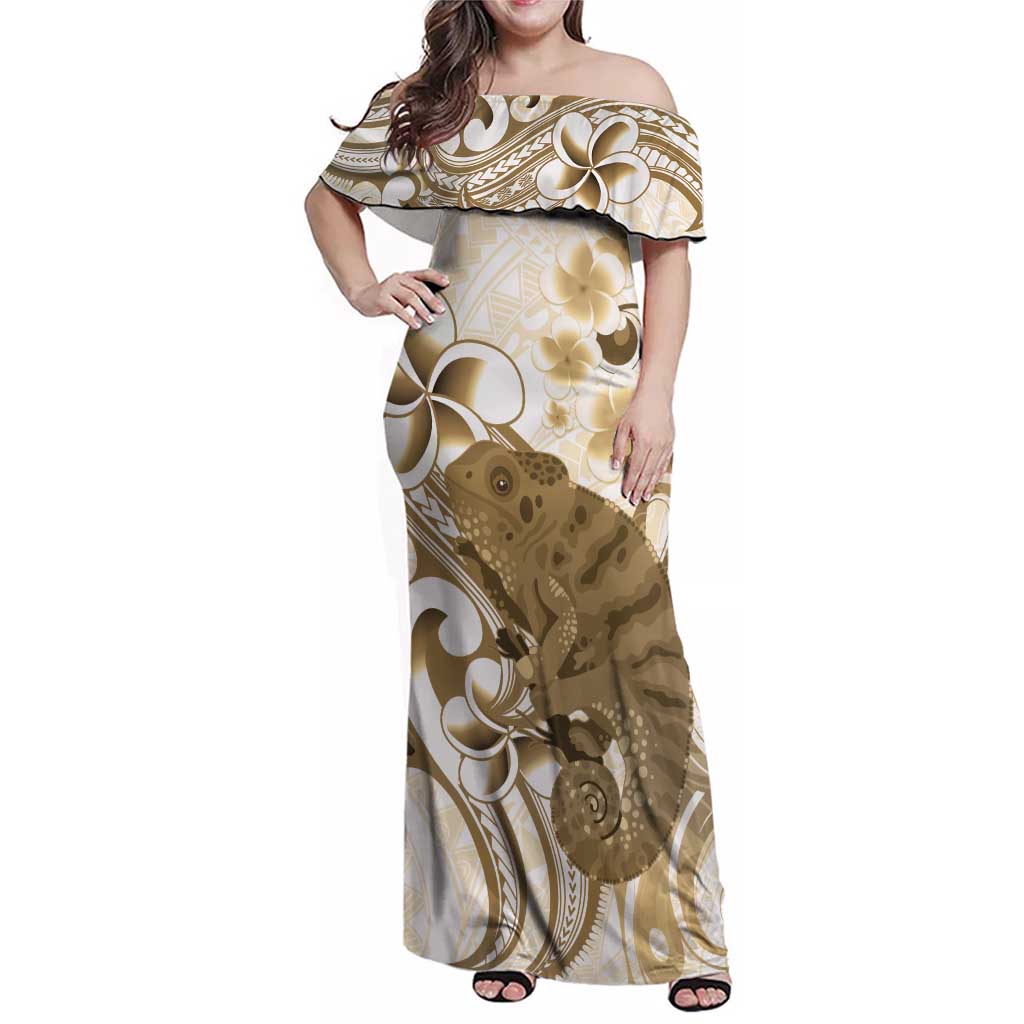 Brown And White Hawaii Chameleon Family Matching Off Shoulder Maxi Dress and Hawaiian Shirt Plumeria Polynesian Tribal Art LT14 Mom's Dress Brown - Polynesian Pride