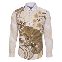 Brown And White Hawaii Chameleon Family Matching Short Sleeve Bodycon Dress and Hawaiian Shirt Plumeria Polynesian Tribal Art LT14 Dad's Shirt - Long Sleeve Brown - Polynesian Pride