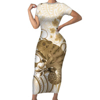Brown And White Hawaii Chameleon Family Matching Short Sleeve Bodycon Dress and Hawaiian Shirt Plumeria Polynesian Tribal Art LT14 Mom's Dress Brown - Polynesian Pride