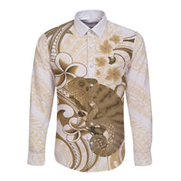 Brown And White Hawaii Chameleon Long Sleeve Button Shirt Plumeria Polynesian Tribal Art LT14 Unisex Brown - Polynesian Pride
