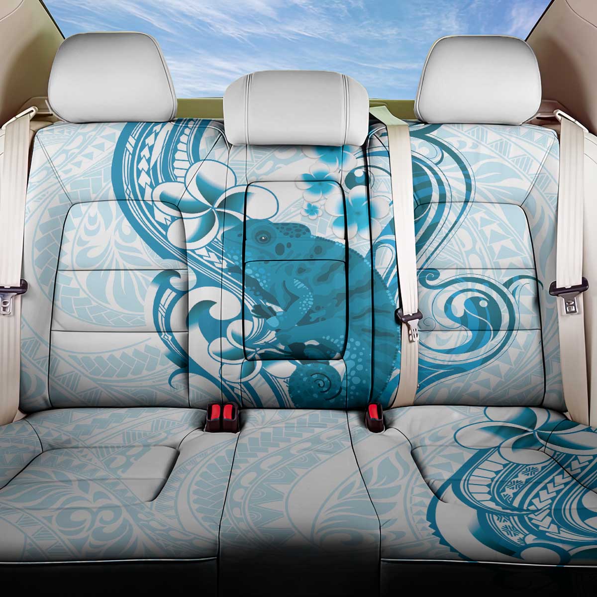 Cyan And White Hawaii Chameleon Back Car Seat Cover Plumeria Polynesian Tribal Art LT14 One Size Cyan - Polynesian Pride