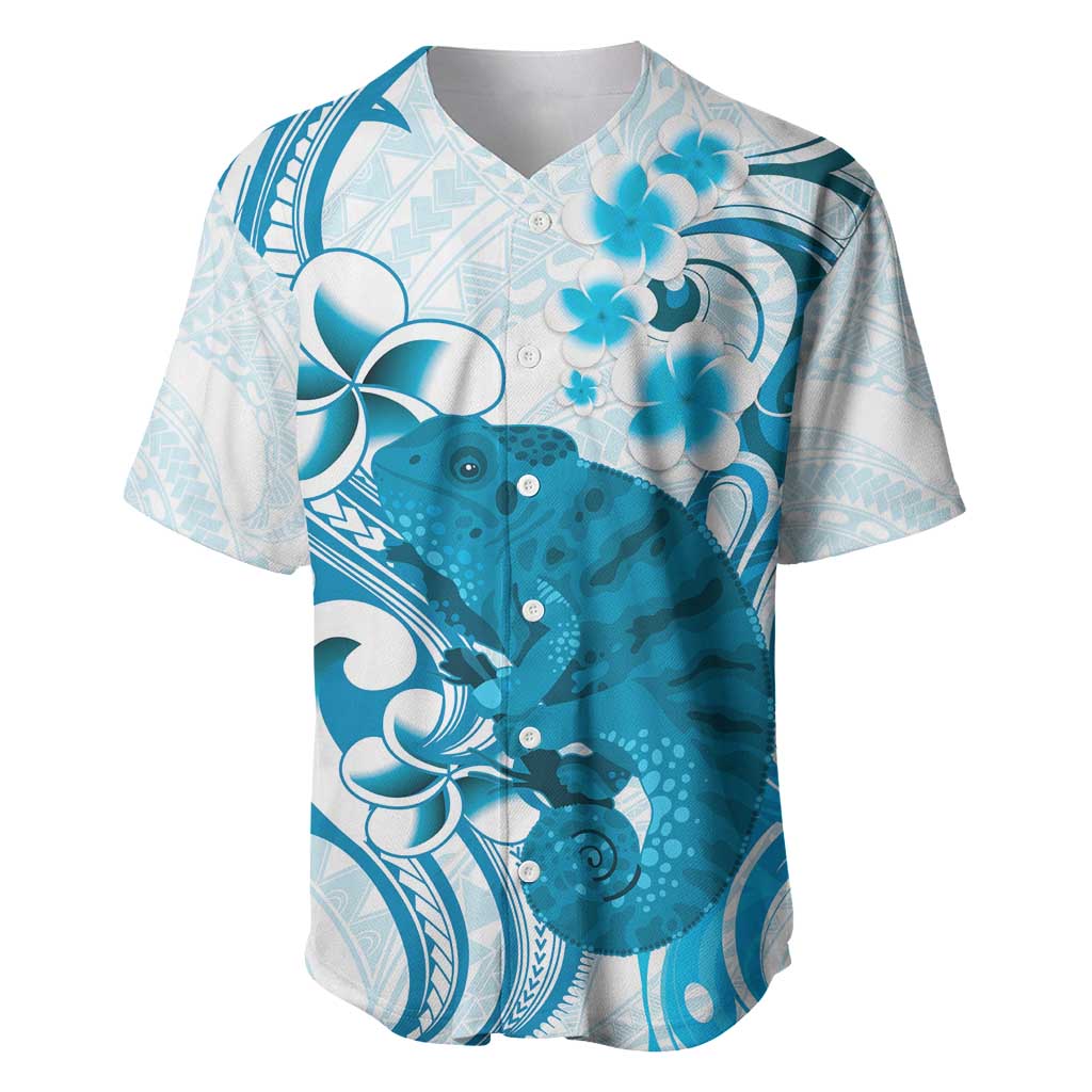 Cyan And White Hawaii Chameleon Baseball Jersey Plumeria Polynesian Tribal Art LT14 Cyan - Polynesian Pride
