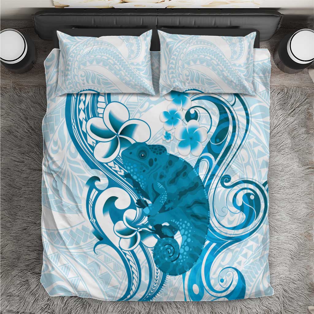 Cyan And White Hawaii Chameleon Bedding Set Plumeria Polynesian Tribal Art LT14 Cyan - Polynesian Pride