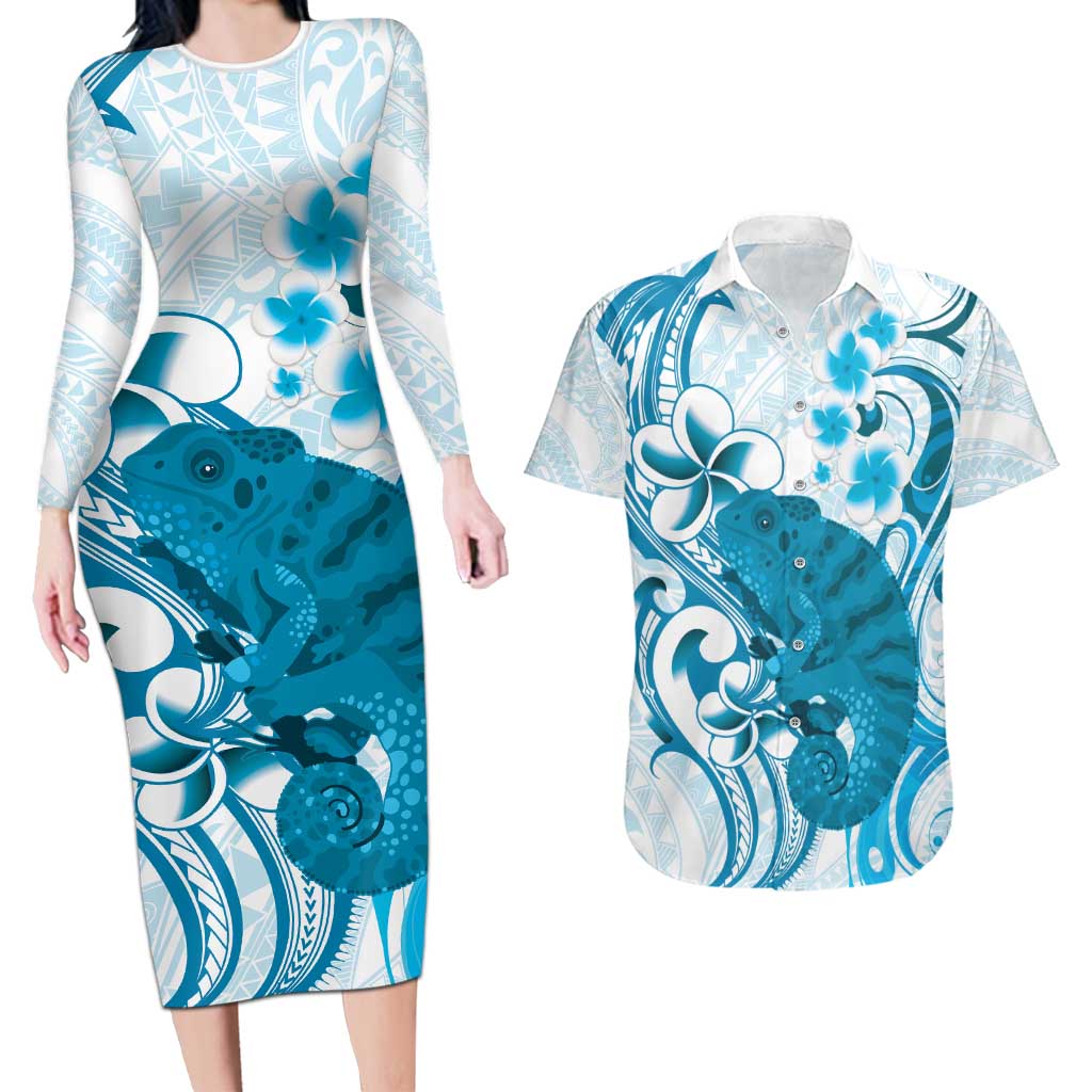 Cyan And White Hawaii Chameleon Couples Matching Long Sleeve Bodycon Dress and Hawaiian Shirt Plumeria Polynesian Tribal Art LT14 Cyan - Polynesian Pride