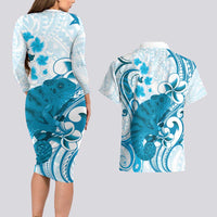 Cyan And White Hawaii Chameleon Couples Matching Long Sleeve Bodycon Dress and Hawaiian Shirt Plumeria Polynesian Tribal Art LT14 - Polynesian Pride