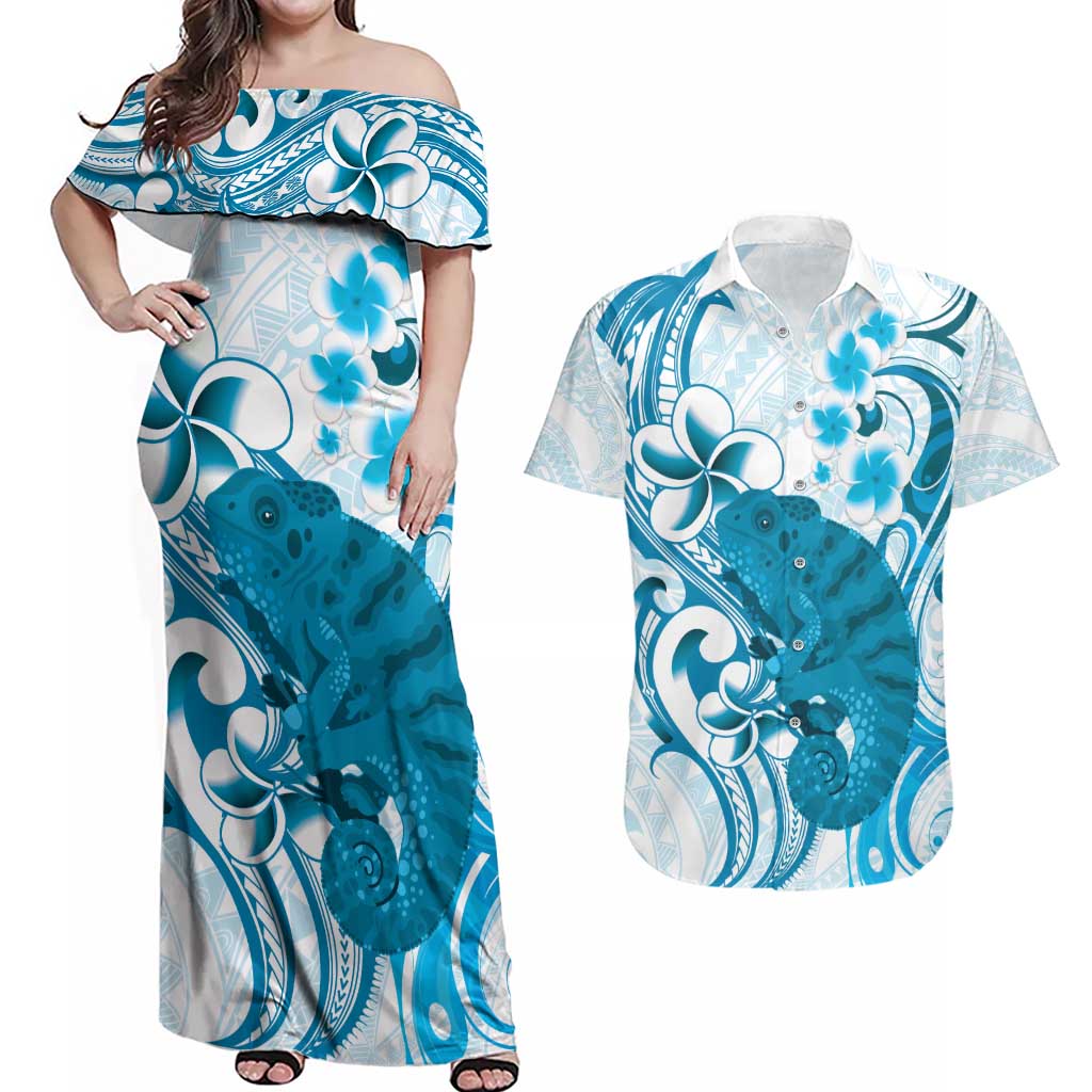 Cyan And White Hawaii Chameleon Couples Matching Off Shoulder Maxi Dress and Hawaiian Shirt Plumeria Polynesian Tribal Art LT14 Cyan - Polynesian Pride