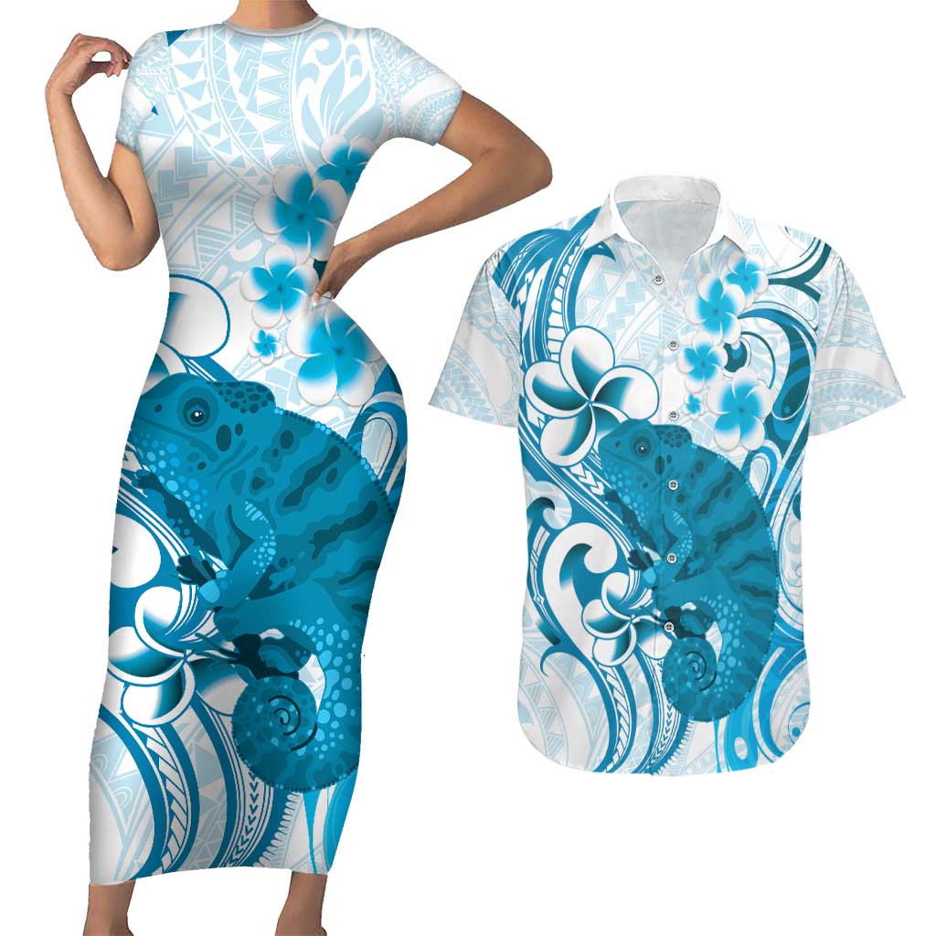 Cyan And White Hawaii Chameleon Couples Matching Short Sleeve Bodycon Dress and Hawaiian Shirt Plumeria Polynesian Tribal Art LT14 Cyan - Polynesian Pride