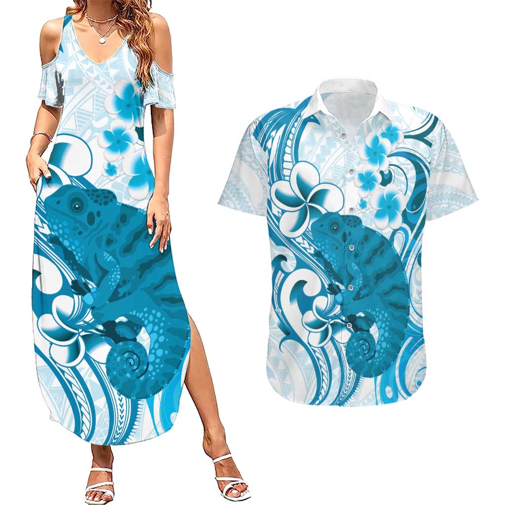 Cyan And White Hawaii Chameleon Couples Matching Summer Maxi Dress and Hawaiian Shirt Plumeria Polynesian Tribal Art