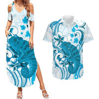 Cyan And White Hawaii Chameleon Couples Matching Summer Maxi Dress and Hawaiian Shirt Plumeria Polynesian Tribal Art
