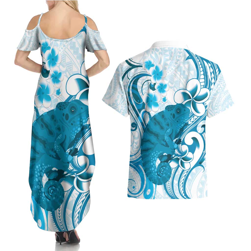 Cyan And White Hawaii Chameleon Couples Matching Summer Maxi Dress and Hawaiian Shirt Plumeria Polynesian Tribal Art