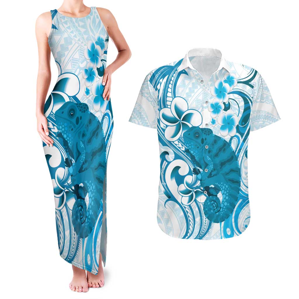 Cyan And White Hawaii Chameleon Couples Matching Tank Maxi Dress and Hawaiian Shirt Plumeria Polynesian Tribal Art