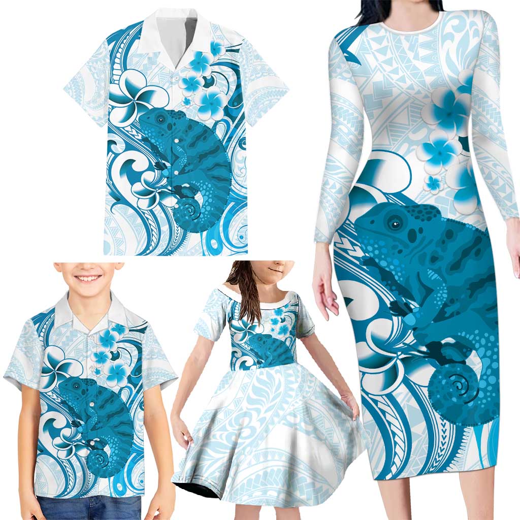 Cyan And White Hawaii Chameleon Family Matching Long Sleeve Bodycon Dress and Hawaiian Shirt Plumeria Polynesian Tribal Art LT14 - Polynesian Pride