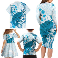 Cyan And White Hawaii Chameleon Family Matching Long Sleeve Bodycon Dress and Hawaiian Shirt Plumeria Polynesian Tribal Art LT14 - Polynesian Pride