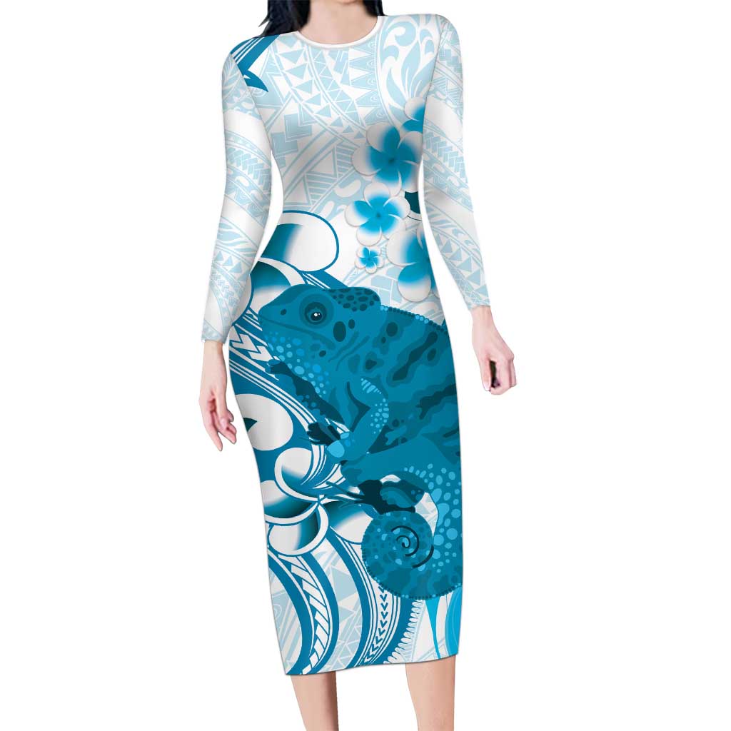 Cyan And White Hawaii Chameleon Family Matching Long Sleeve Bodycon Dress and Hawaiian Shirt Plumeria Polynesian Tribal Art LT14 Mom's Dress Cyan - Polynesian Pride