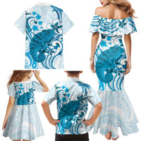 Cyan And White Hawaii Chameleon Family Matching Mermaid Dress and Hawaiian Shirt Plumeria Polynesian Tribal Art LT14 - Polynesian Pride