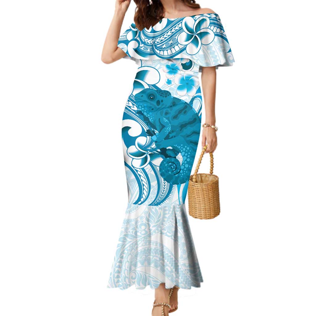 Cyan And White Hawaii Chameleon Family Matching Mermaid Dress and Hawaiian Shirt Plumeria Polynesian Tribal Art LT14 Mom's Dress Cyan - Polynesian Pride
