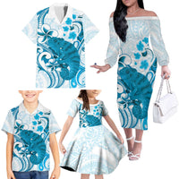 Cyan And White Hawaii Chameleon Family Matching Off The Shoulder Long Sleeve Dress and Hawaiian Shirt Plumeria Polynesian Tribal Art LT14 - Polynesian Pride