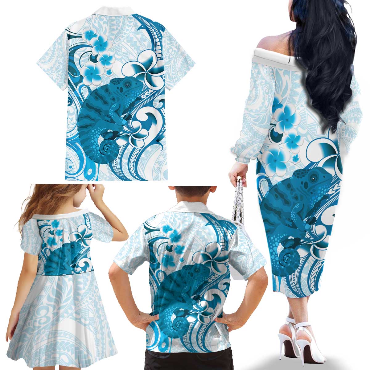 Cyan And White Hawaii Chameleon Family Matching Off The Shoulder Long Sleeve Dress and Hawaiian Shirt Plumeria Polynesian Tribal Art LT14 - Polynesian Pride