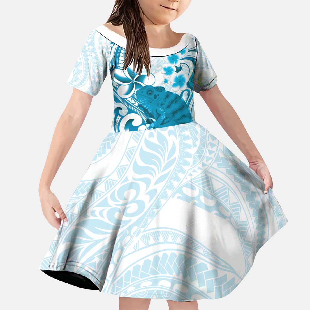 Cyan And White Hawaii Chameleon Family Matching Off Shoulder Maxi Dress and Hawaiian Shirt Plumeria Polynesian Tribal Art LT14 Daughter's Dress Cyan - Polynesian Pride