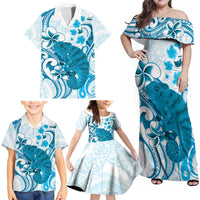 Cyan And White Hawaii Chameleon Family Matching Off Shoulder Maxi Dress and Hawaiian Shirt Plumeria Polynesian Tribal Art LT14 - Polynesian Pride