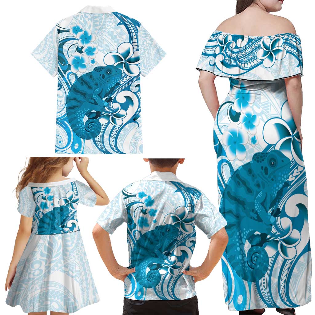 Cyan And White Hawaii Chameleon Family Matching Off Shoulder Maxi Dress and Hawaiian Shirt Plumeria Polynesian Tribal Art LT14 - Polynesian Pride