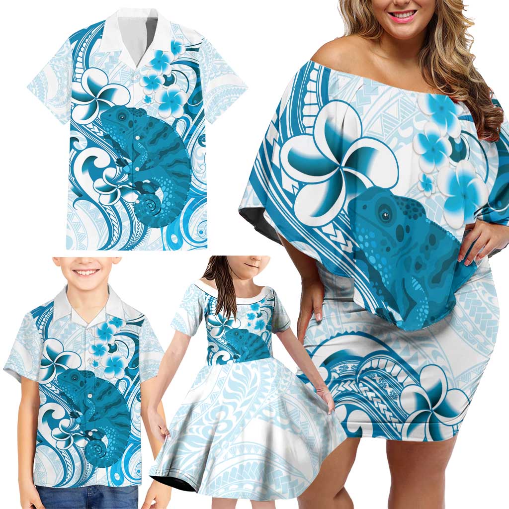 Cyan And White Hawaii Chameleon Family Matching Off Shoulder Short Dress and Hawaiian Shirt Plumeria Polynesian Tribal Art LT14 - Polynesian Pride