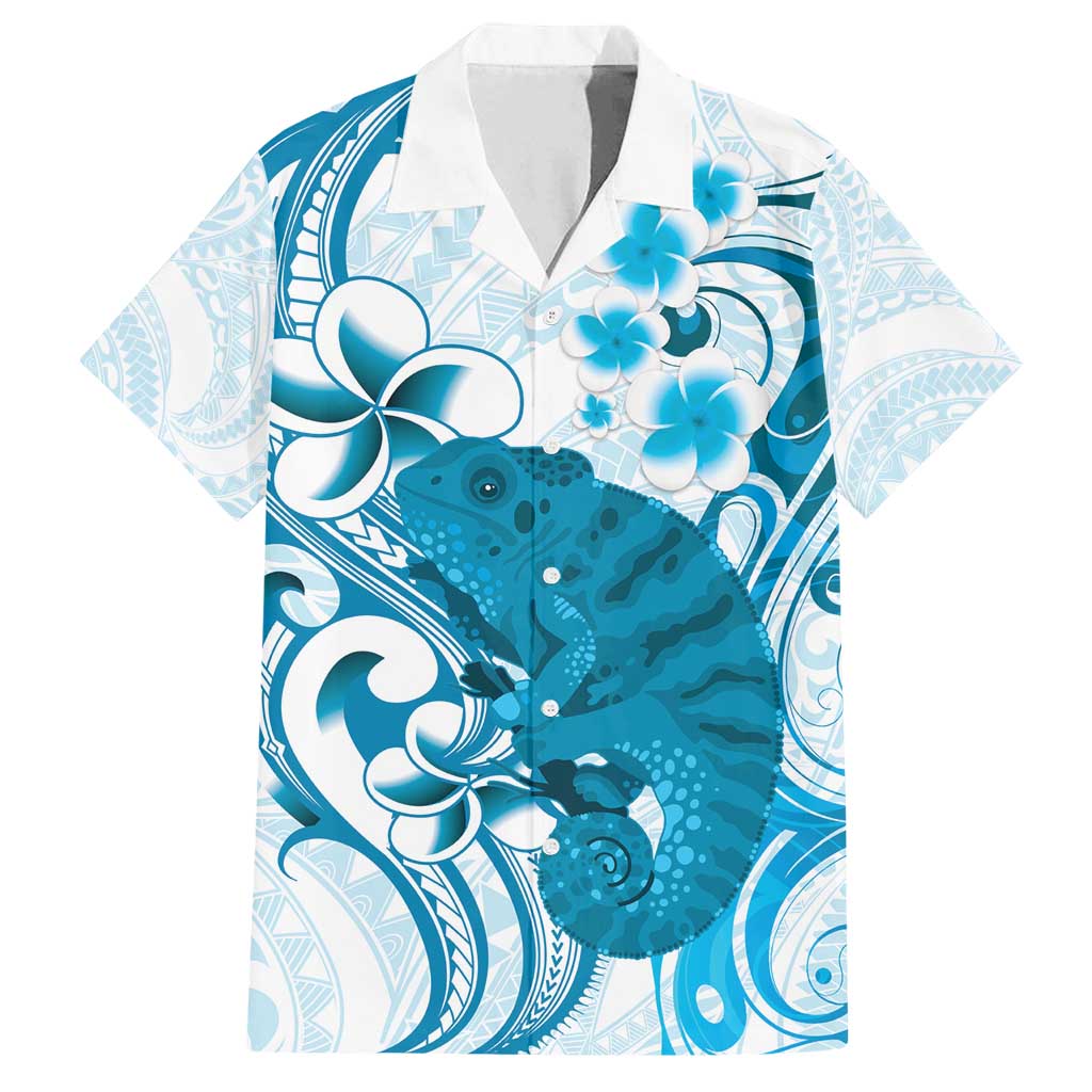 Cyan And White Hawaii Chameleon Family Matching Off Shoulder Short Dress and Hawaiian Shirt Plumeria Polynesian Tribal Art LT14 Dad's Shirt - Short Sleeve Cyan - Polynesian Pride