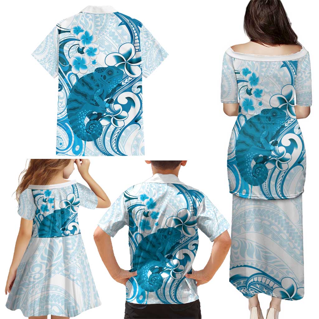 Cyan And White Hawaii Chameleon Family Matching Puletasi and Hawaiian Shirt Plumeria Polynesian Tribal Art LT14 - Polynesian Pride
