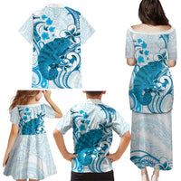 Cyan And White Hawaii Chameleon Family Matching Puletasi and Hawaiian Shirt Plumeria Polynesian Tribal Art LT14 - Polynesian Pride