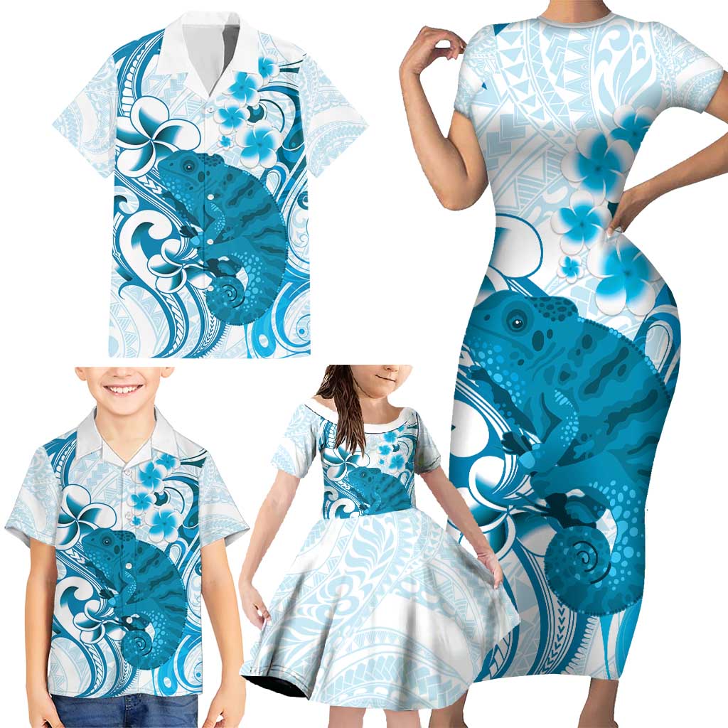 Cyan And White Hawaii Chameleon Family Matching Short Sleeve Bodycon Dress and Hawaiian Shirt Plumeria Polynesian Tribal Art LT14 - Polynesian Pride