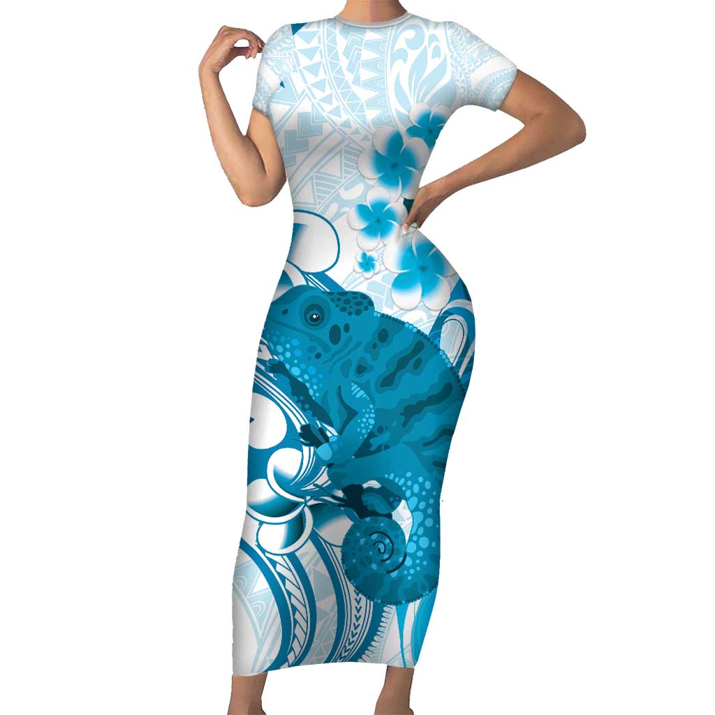 Cyan And White Hawaii Chameleon Family Matching Short Sleeve Bodycon Dress and Hawaiian Shirt Plumeria Polynesian Tribal Art LT14 Mom's Dress Cyan - Polynesian Pride