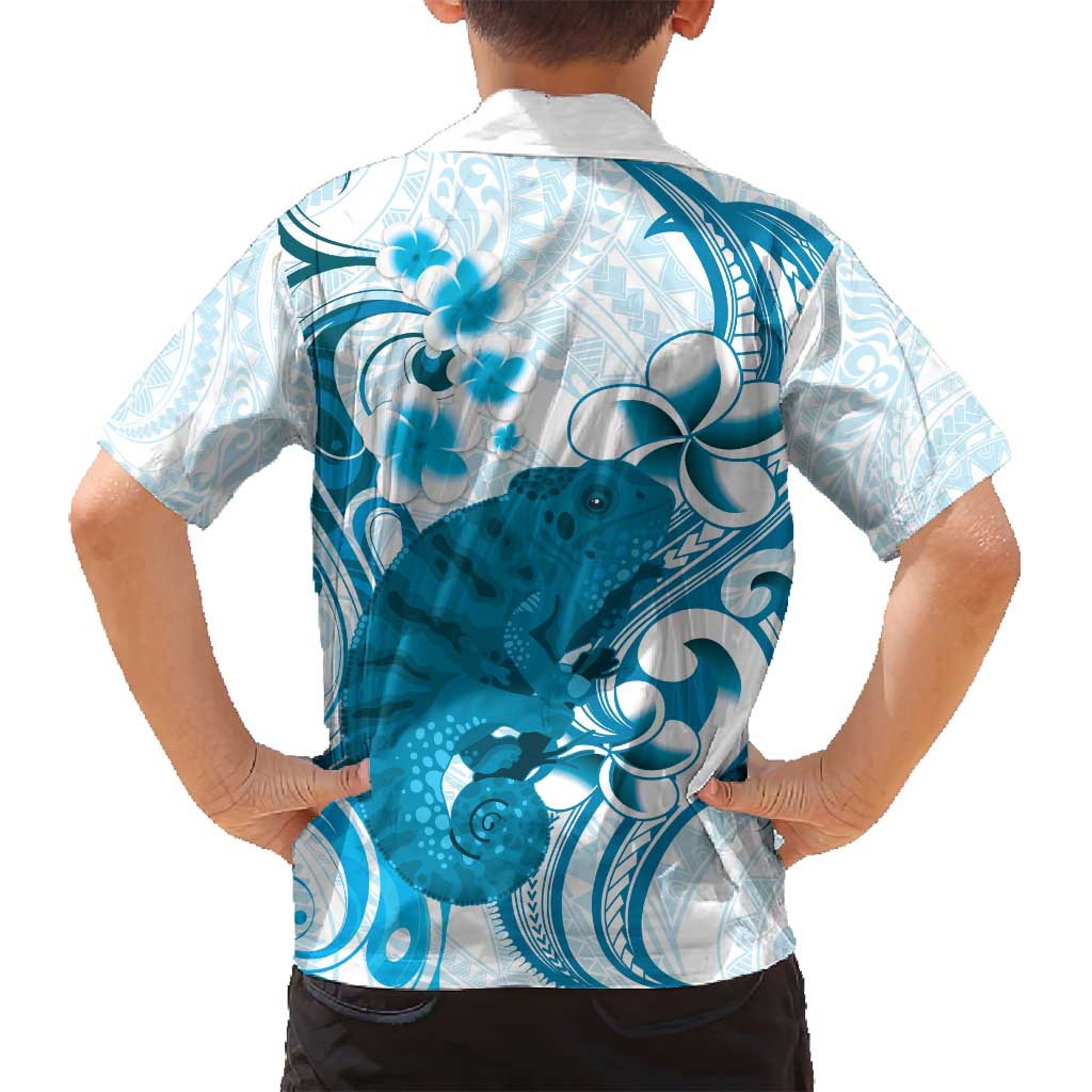 Cyan And White Hawaii Chameleon Family Matching Summer Maxi Dress and Hawaiian Shirt Plumeria Polynesian Tribal Art LT14 - Polynesian Pride