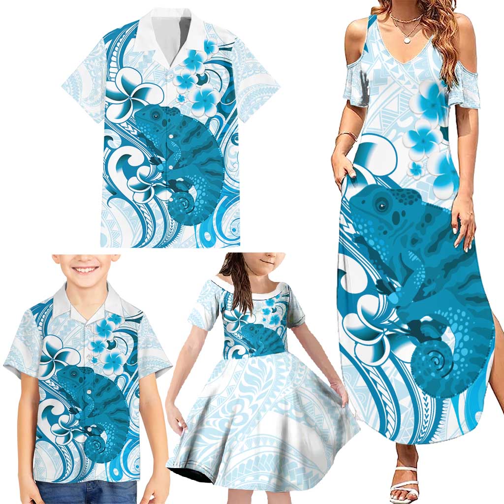 Cyan And White Hawaii Chameleon Family Matching Summer Maxi Dress and Hawaiian Shirt Plumeria Polynesian Tribal Art LT14 - Polynesian Pride