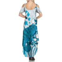 Cyan And White Hawaii Chameleon Family Matching Summer Maxi Dress and Hawaiian Shirt Plumeria Polynesian Tribal Art LT14 - Polynesian Pride