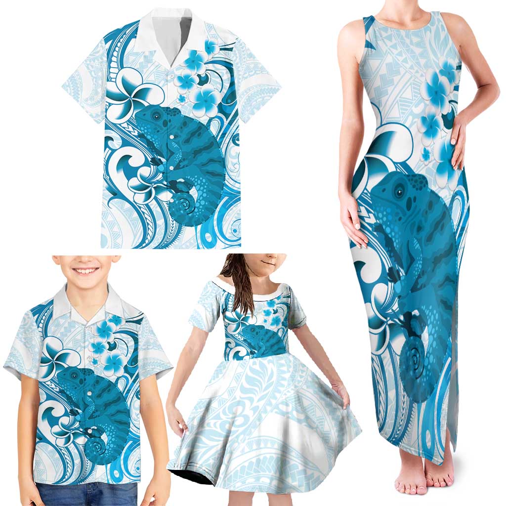 Cyan And White Hawaii Chameleon Family Matching Tank Maxi Dress and Hawaiian Shirt Plumeria Polynesian Tribal Art LT14 - Polynesian Pride