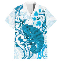 Cyan And White Hawaii Chameleon Family Matching Tank Maxi Dress and Hawaiian Shirt Plumeria Polynesian Tribal Art LT14 Dad's Shirt - Short Sleeve Cyan - Polynesian Pride