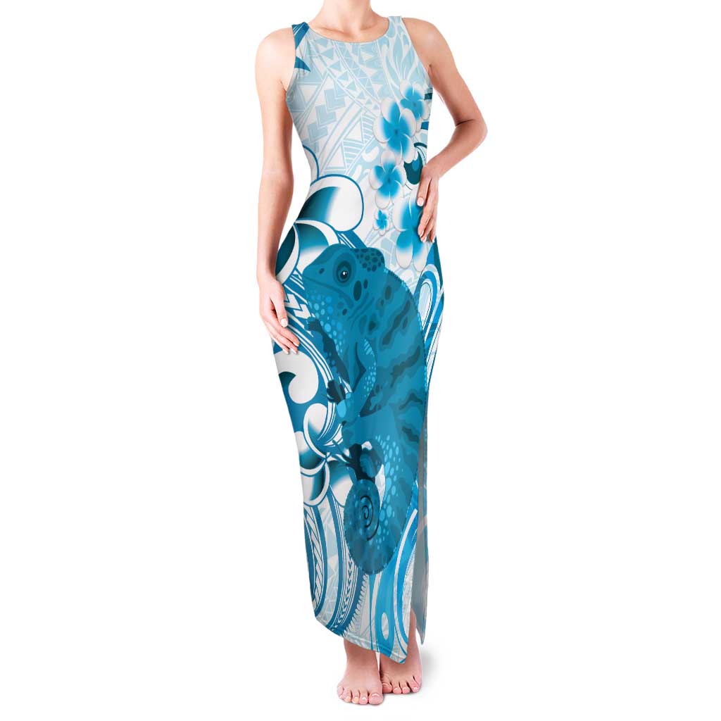 Cyan And White Hawaii Chameleon Family Matching Tank Maxi Dress and Hawaiian Shirt Plumeria Polynesian Tribal Art LT14 Mom's Dress Cyan - Polynesian Pride