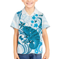 Cyan And White Hawaii Chameleon Family Matching Tank Maxi Dress and Hawaiian Shirt Plumeria Polynesian Tribal Art LT14 Son's Shirt Cyan - Polynesian Pride