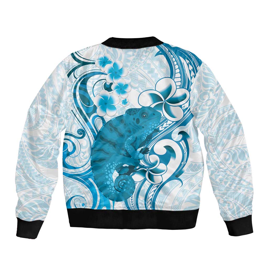 Cyan And White Hawaii Chameleon Sleeve Zip Bomber Jacket Plumeria Polynesian Tribal Art
