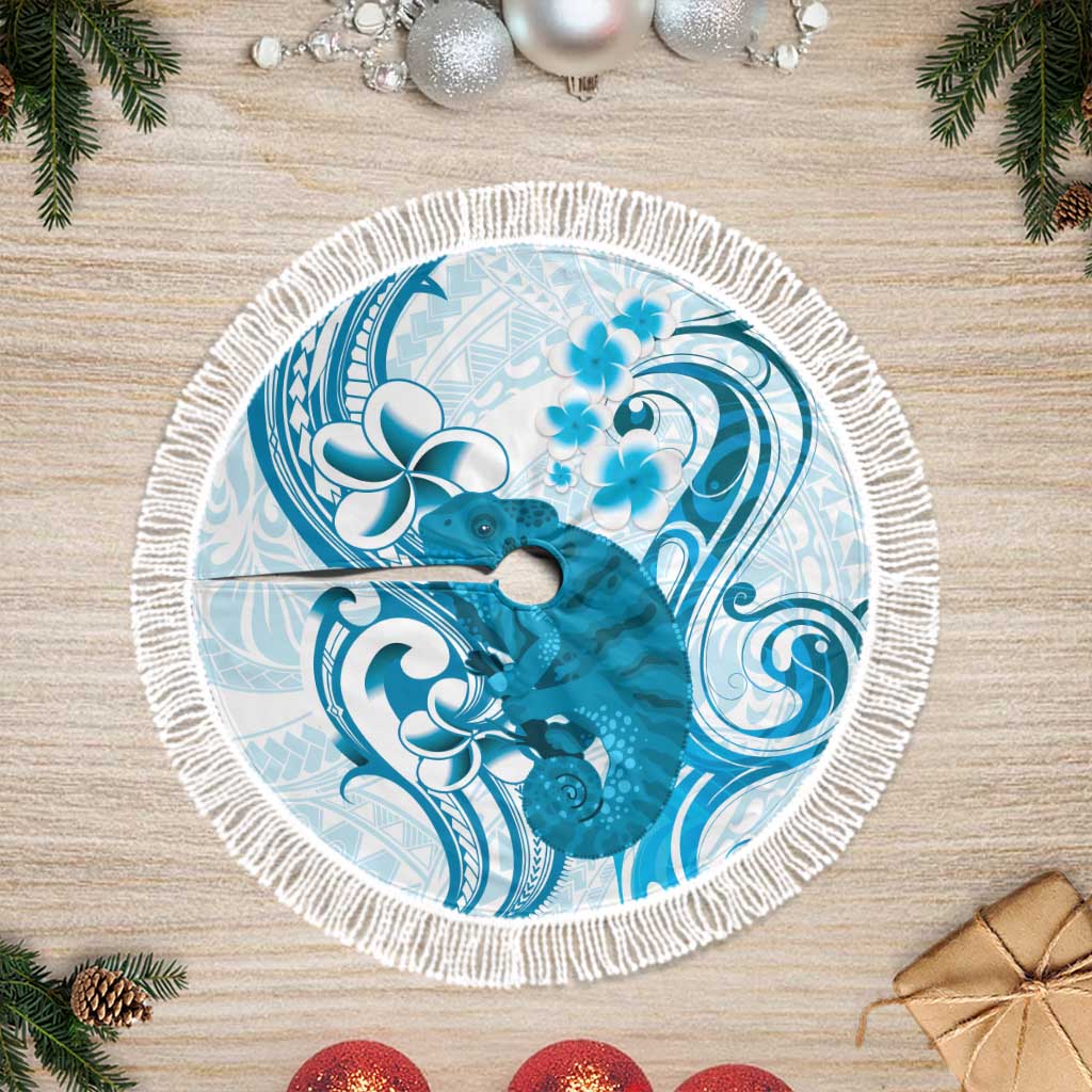 Cyan And White Hawaii Chameleon Tree Skirt Plumeria Polynesian Tribal Art LT14 Fringed Cyan - Polynesian Pride
