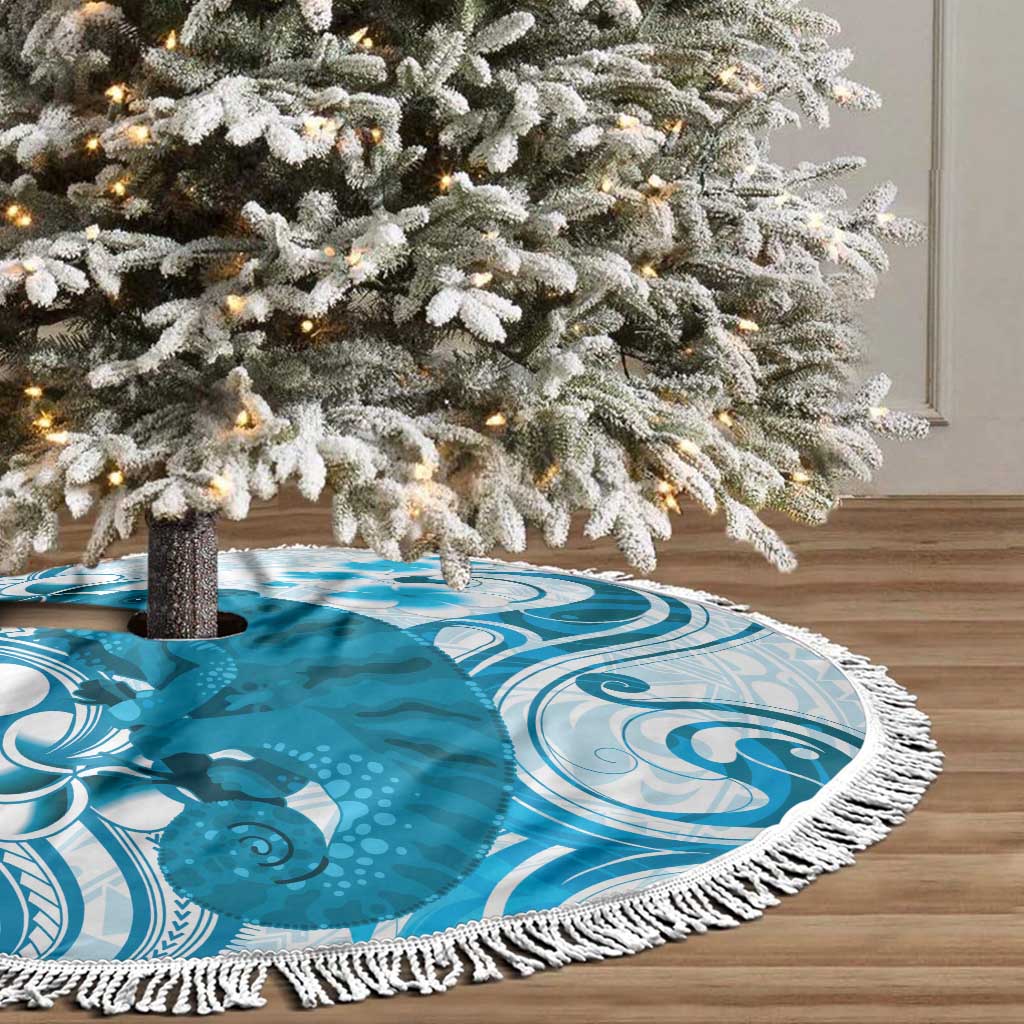 Cyan And White Hawaii Chameleon Tree Skirt Plumeria Polynesian Tribal Art LT14 - Polynesian Pride