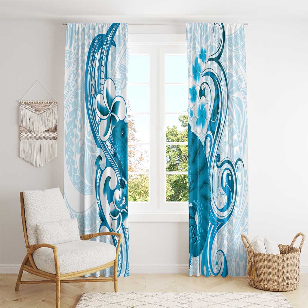 Cyan And White Hawaii Chameleon Window Curtain Plumeria Polynesian Tribal Art