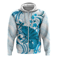 Cyan And White Hawaii Chameleon Zip Hoodie Plumeria Polynesian Tribal Art
