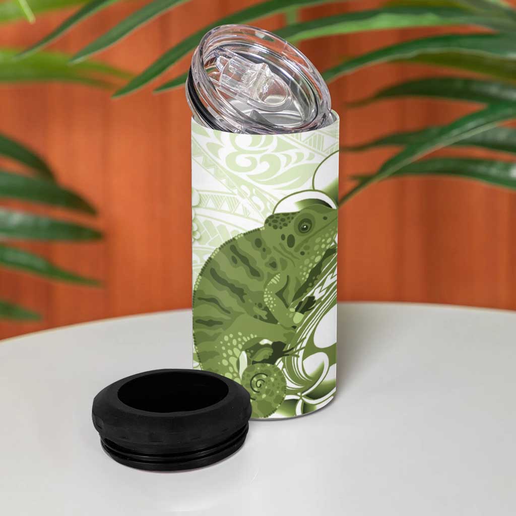 Green And White Hawaii Chameleon 4 in 1 Can Cooler Tumbler Plumeria Polynesian Tribal Art