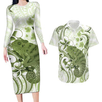 Green And White Hawaii Chameleon Couples Matching Long Sleeve Bodycon Dress and Hawaiian Shirt Plumeria Polynesian Tribal Art LT14 Lime Green - Polynesian Pride